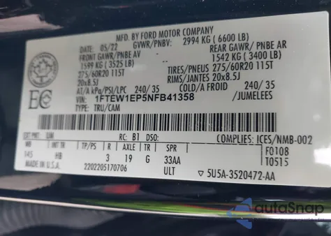 2022 Ford F-150 Lariat из США, поврежденный, VIN 1FTEW1EP5NFB41358